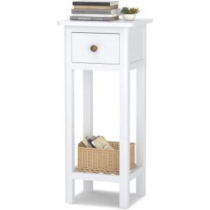imageGiantex Tall End Table Narrow Side Table with Drawer and Shelf Acacia Wood Nightstand for Living Room 2Tier Bedside Table for Small Space No Assembly WhiteWhite