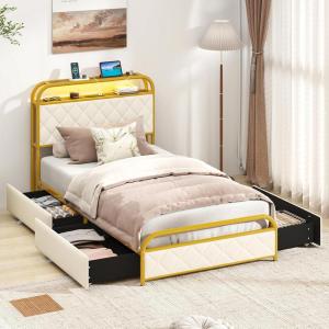 imageGiantex Twin Bed Frame with 4 Storage Drawers and Charging Station Metal Twin Size Platform Bed wLED Lights ampamp Velvet Upholstered Headboard No Box Spring Needed Twin Storage Bed Gold ampamp Beige