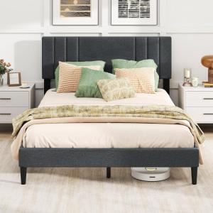 imageGiantex Twin Bed Frames with Headboard Modern Upholstered Platform Bed Frame with Vertical Channel Tufted Headboard Wooden Slats Support No Box Spring Needed GrayQueen