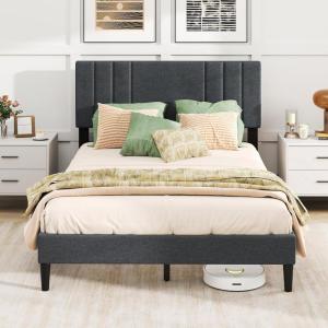 imageGiantex Twin Bed Frames with Headboard Modern Upholstered Platform Bed Frame with Vertical Channel Tufted Headboard Wooden Slats Support No Box Spring Needed GrayFull