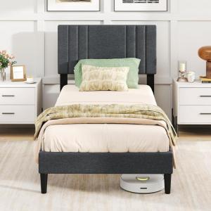 imageGiantex Twin Bed Frames with Headboard Modern Upholstered Platform Bed Frame with Vertical Channel Tufted Headboard Wooden Slats Support No Box Spring Needed GrayTwin