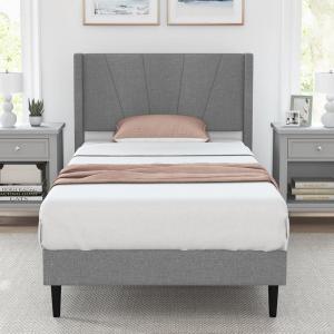 imageGiantex Twin Bed Frames with Wingback Headboard Modern Linen Upholstered Platform Bed with Wooden Slats Support No Box Spring Needed Twin Bed Frames for Kids GreyDiagonal Channel Tufting