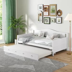 imageGiantex Twin Daybed with Trundle Solid Wood Day Bed with Slats Support Integrated Headboard ampamp Armrests Modern Trundle Bed Twin for Living Room Bedroom Guest Room No Box Spring Needed GreyWhite