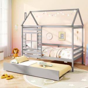 imageGiantex Twin House Bed with Trundle Bed Twin Wooden Twin Bed Frames with Roof Chimney ampamp Window Montessori House Bed with Safety Guardrails House Trundle Bed for Kids Boys Girls Teens WhiteGrey
