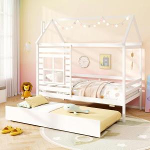 imageGiantex Twin House Bed with Trundle Bed Twin Wooden Twin Bed Frames with Roof Chimney ampamp Window Montessori House Bed with Safety Guardrails House Trundle Bed for Kids Boys Girls Teens WhiteWhite