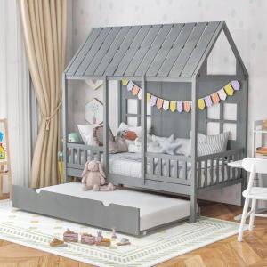 imageGiantex Twin House Bed with Trundle Kids Bed Frame with 82quot Tall Roof Windows and Guardrail Wooden Playhouse Bed for Teens Boys Girls Bedroom No Box Spring Needed Free to Decorate Grey