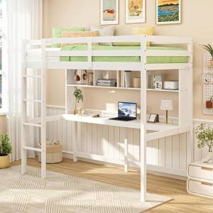 imageGiantex Twin Loft Bed with Desk ampamp Bookcase Solid Wood Loft Bed Frame wSafety Guardrails ampamp Ladder SpaceSaving Twin Size Bed Frame with Storage for Home Dorm Apartment No Box Spring Needed White