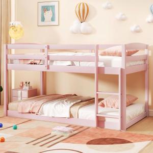 imageGiantex Twin Low Bunk Bed Solid Wood Twin Over Twin Bunk Bed Frame with Full Guardrails ampamp Integrated Ladder Floor Twin Bunk Beds for Kids Boys and Girls No Box Spring Needed NaturalPink