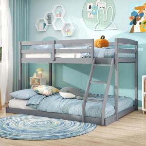 imageGiantex Twin Low Bunk Bed Solid Wood Twin Over Twin Bunk Bed Frame with Full Guardrails ampamp Integrated Ladder Floor Twin Bunk Beds for Kids Boys and Girls No Box Spring Needed NaturalGrey