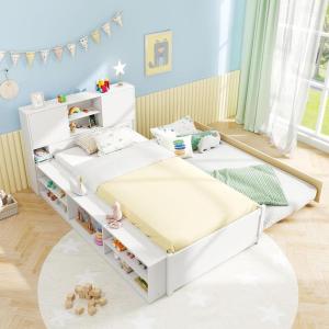 imageGiantex Twin Size Bed Frame with Trundle and Bookcase Headboard Wooden Platform Bed wCharging Station 5 Cube Storage Shelves Twin Bed Frames for Kids Teens Adults No Box Spring Needed White