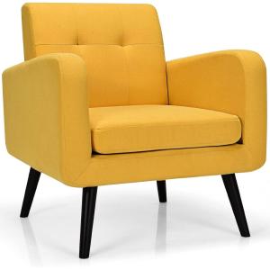 imageGiantex Upholstered Accent Chair Modern Mid Century Linen Fabric Living Room Chair with Arms Max Load 265 Lbs Comfy Tufted Single Sofa for Reading Bedroom Office Club GreyYellow