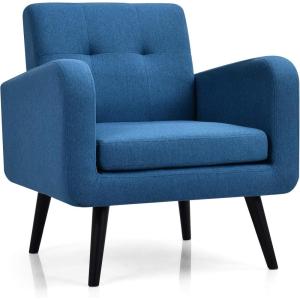 imageGiantex Upholstered Accent Chair Modern Mid Century Linen Fabric Living Room Chair with Arms Max Load 265 Lbs Comfy Tufted Single Sofa for Reading Bedroom Office Club GreyBlue