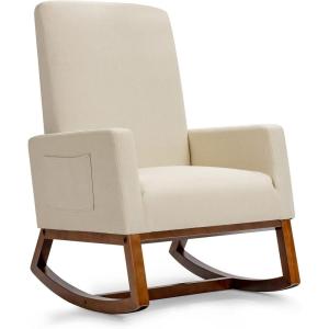 imageGiantex Upholstered Rocking Chair Modern Fabric Armchair wWood Base Side Pocket Linen Padded Seat High Back Accent Glider Rocker Chair MidCentury Leisure Chair for Nursery Living Room GrayBeige