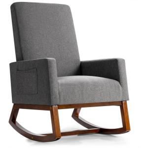 imageGiantex Upholstered Rocking Chair Modern Fabric Armchair wWood Base Side Pocket Linen Padded Seat High Back Accent Glider Rocker Chair MidCentury Leisure Chair for Nursery Living Room GrayGrey
