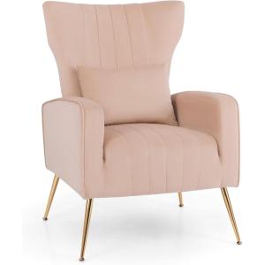 imageGiantex Velvet Accent Chair with Lumbar Pillow Upholstered Tufted Wingback Arm Chair wGolden Metal Legs Mid Century Modern Single Sofa Chair for Living Room Bedroom Max Load 400 LBS PinkPink