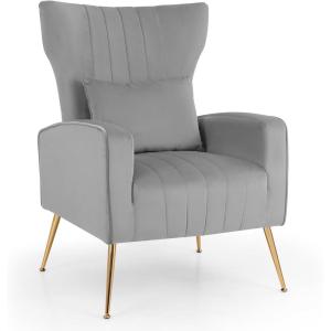 imageGiantex Velvet Accent Chair with Lumbar Pillow Upholstered Tufted Wingback Arm Chair wGolden Metal Legs Mid Century Modern Single Sofa Chair for Living Room Bedroom Max Load 400 LBS PinkGrey