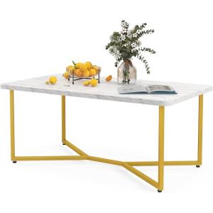 imageGiantex White Marble Coffee Table 42L Rectangular Center Table with Faux Marble Print ampamp Gold Finished Metal Frame Modern Accent Table for Living Room Sofa Side Bedroom Office