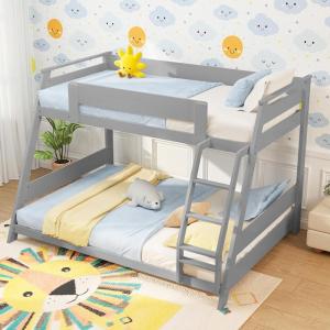 imageGiantex Wood Bunk Beds Twin Over Full Size Solid Wood Bunk Bed Frame wReversible Ladder ampamp Safety Guardrails Low Bunk Bed for Kids Teens Juniors No Box Spring Needed WhiteGrey
