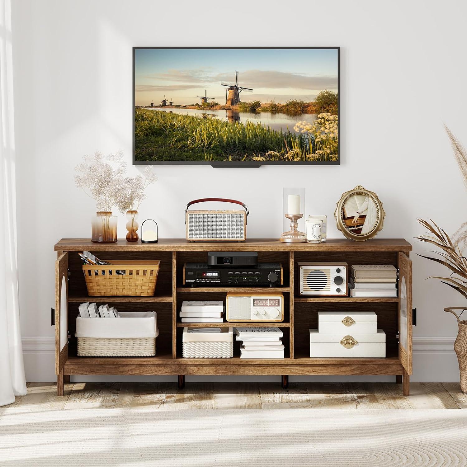 imageGiantex Farmhouse TV Stand for TVs up to 65quot Modern Vintage Entertainment Center wStorage Adjustable Shelves Cable HolesampampGlass Doors Media TV Console Table for Bedroom Living Room Teal BlueWalnut