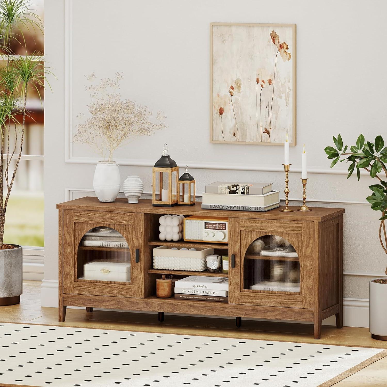 imageGiantex Farmhouse TV Stand for TVs up to 65quot Modern Vintage Entertainment Center wStorage Adjustable Shelves Cable HolesampampGlass Doors Media TV Console Table for Bedroom Living Room Teal BlueWalnut