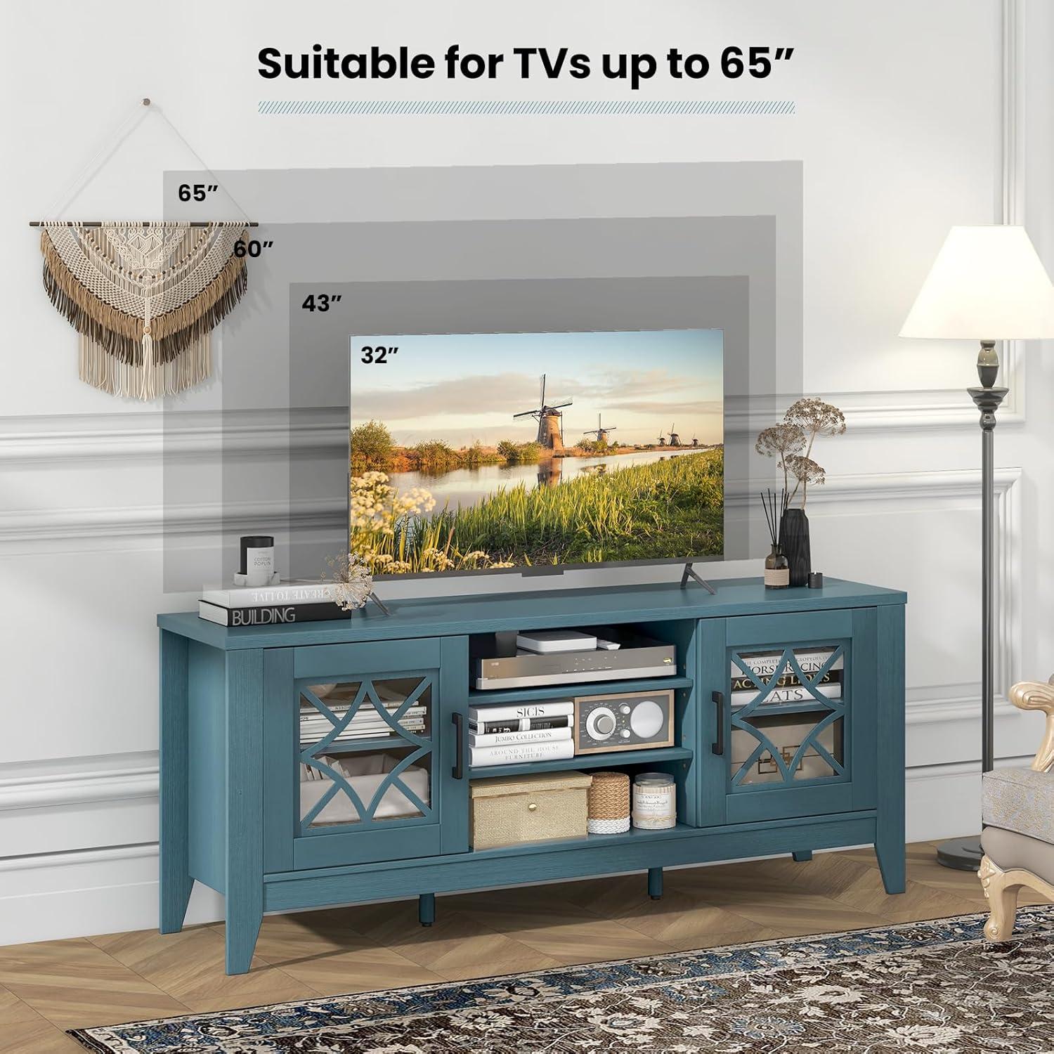 imageGiantex Farmhouse TV Stand for TVs up to 65quot Modern Vintage Entertainment Center wStorage Adjustable Shelves Cable HolesampampGlass Doors Media TV Console Table for Bedroom Living Room Teal BlueTeal Blue