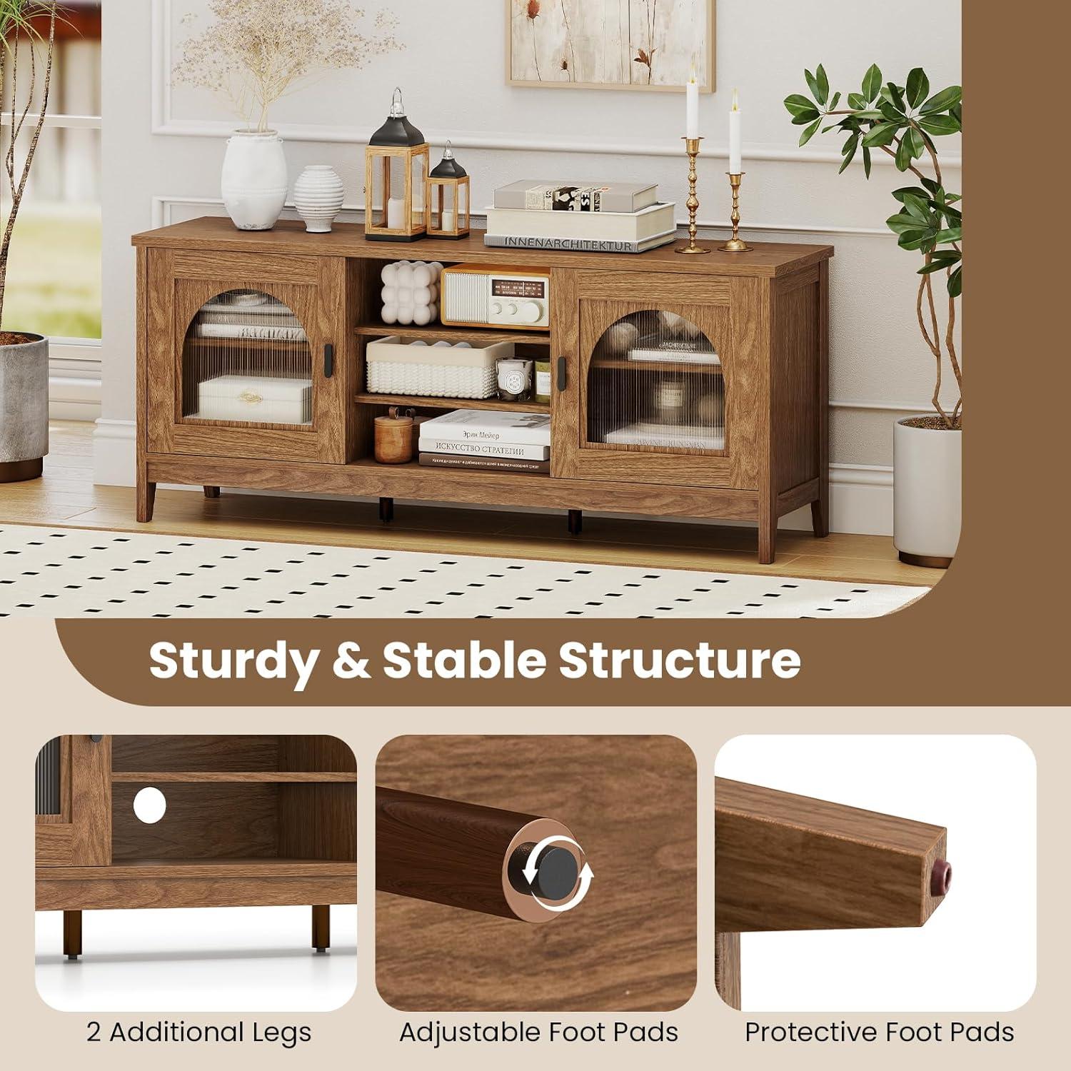 imageGiantex Farmhouse TV Stand for TVs up to 65quot Modern Vintage Entertainment Center wStorage Adjustable Shelves Cable HolesampampGlass Doors Media TV Console Table for Bedroom Living Room Teal BlueWalnut