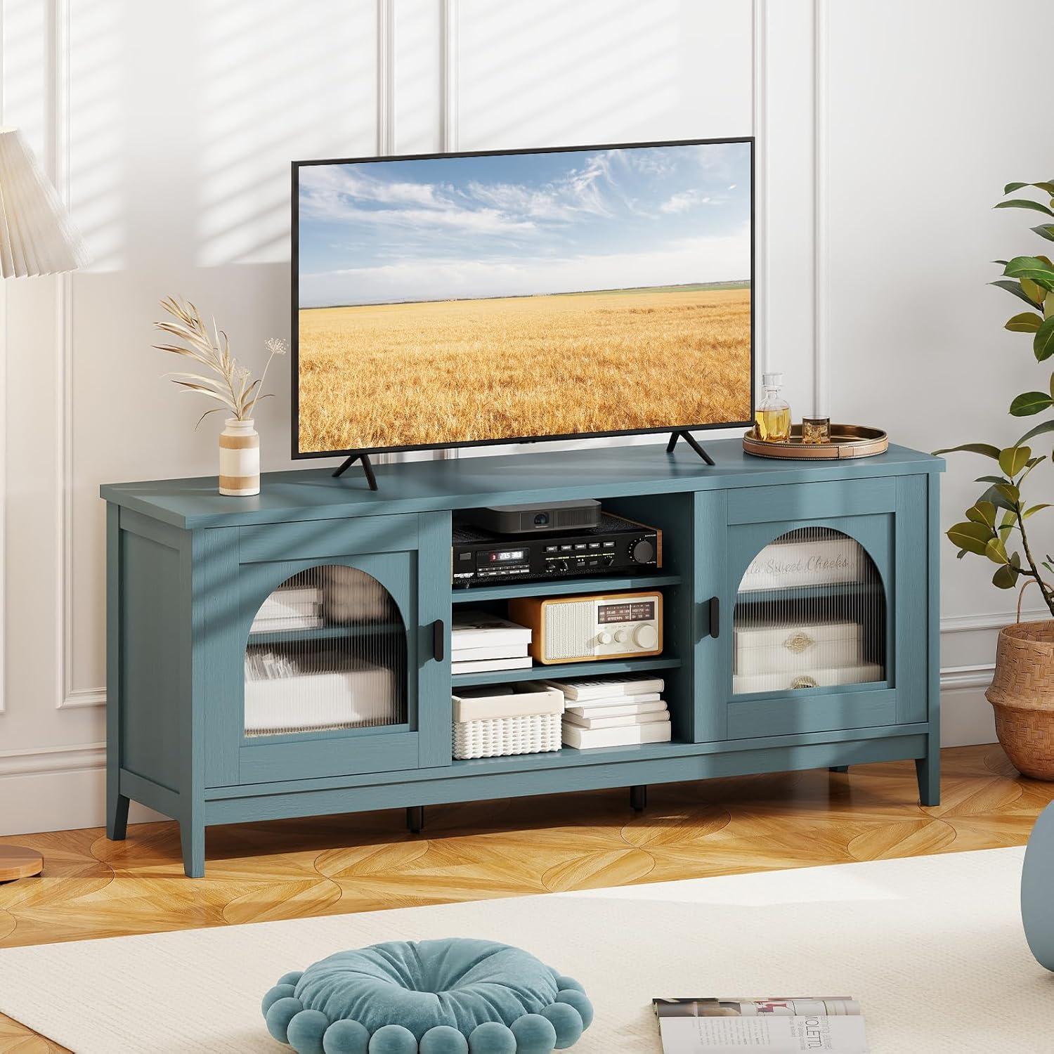 imageGiantex Farmhouse TV Stand for TVs up to 65quot Modern Vintage Entertainment Center wStorage Adjustable Shelves Cable HolesampampGlass Doors Media TV Console Table for Bedroom Living Room Teal BlueTeal Blue