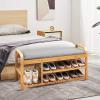 imageGiantex Bamboo Shoe Bench3Tier Entryway Bench with CushionMax Load 330 LBS Modern Stool Storage Shelf for Bedroom Living Room Hallway Natural and GreyNatural and Grey