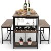 imageGiantex Dining Table Set for 4 3Piece 55quot L Kitchen Table Set w 2 Benches Breakfast Table w 5Bottle Wine Rack ampamp Glass Holder SpaceSaving Dinette Set for Dining Room Kitchen Apartment