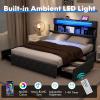 imageGiantex Full Size Bed Frame with Storage Headboard and 4 Drawers Modern Upholstered Platform Bed with Charging Station ampamp Led Lights Storage Bed Full wWood Slat Support No Box Spring Needed GreyFull