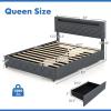 imageGiantex Full Size Bed Frame with Storage Headboard and 4 Drawers Modern Upholstered Platform Bed with Charging Station ampamp Led Lights Storage Bed Full wWood Slat Support No Box Spring Needed GreyQueen
