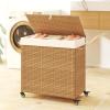 imageGiantex Laundry Hamper with Wheels and Lid 125L Rattan Clothes Hamper with 2 Removable Liner Bags ampamp Handle 3Section Foldable Laundry Sorter Rolling Wicker Laundry Basket for BathroomBlackNatural