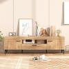 imageGiantex Mid Century Modern TV Stand for Tvs up to 65quot Wood Entertainment Center with Storage Cabinets Drawer Cable Hole Metal Legs Media TV Console Table for Living Room Bedroom Oak