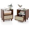 imageGiantex Rattan Nightstand with Drawer Set of 2 Boho Bamboo Bedside Table with Tempered Glass Top and Solid Wood Legs 20quot End Side Table with Storage Night Stand for Bedroom Living Room NaturalWalnut