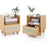 imageGiantex Rattan Nightstand with Drawer Set of 2 Boho Bamboo Bedside Table with Tempered Glass Top and Solid Wood Legs 20quot End Side Table with Storage Night Stand for Bedroom Living Room NaturalNatural