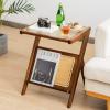 imageGiantex Rattan Side Table Set of 2 Boho Nightstand with Glass Top ampamp Magazine Rack End Table with Storage Bamboo Bedside Table for Small Space Living Room Bedroom NaturalWalnut