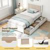 imageGiantex Wood Twin Bed with 2 Storage Drawers Solid Wood Platform Bed with Upholstered Headboard Wooden Slats Support Twin Bed Frames for Kids Teens Adults No Box Spring Needed White ampamp Beige