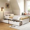 imageGiantex Wood Twin Bed with 2 Storage Drawers Solid Wood Platform Bed with Upholstered Headboard Wooden Slats Support Twin Bed Frames for Kids Teens Adults No Box Spring Needed White ampamp Beige
