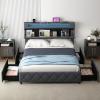 imageGiantex Full Size Bed Frame with Storage Headboard and 4 Drawers Modern Upholstered Platform Bed with Charging Station ampamp Led Lights Storage Bed Full wWood Slat Support No Box Spring Needed GreyFull