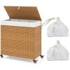 imageGiantex Laundry Hamper with Wheels and Lid 125L Rattan Clothes Hamper with 2 Removable Liner Bags ampamp Handle 3Section Foldable Laundry Sorter Rolling Wicker Laundry Basket for BathroomBlackNatural