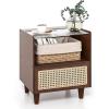 imageGiantex Rattan Nightstand with Drawer Set of 2 Boho Bamboo Bedside Table with Tempered Glass Top and Solid Wood Legs 20quot End Side Table with Storage Night Stand for Bedroom Living Room NaturalWalnut
