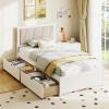 imageGiantex Wood Twin Bed with 2 Storage Drawers Solid Wood Platform Bed with Upholstered Headboard Wooden Slats Support Twin Bed Frames for Kids Teens Adults No Box Spring Needed White ampamp Beige