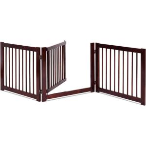 imageGiantex 24 inch Configurable Dog Gate with Door Wooden Dog Gate with Walk Through Door 3 Panels Folding Fence for Stairs Doorways Halls Cherry Brown