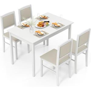 imageGiantex 5Piece Dining Set for 4 Solid Wood Rectangular Table ampamp 4 Chairs wtih Rubber Wood Legs Kitchen Table and Chairs Set for Small Spaces Dinette Dining Room Restaurant Rustic BrownWhitebeige