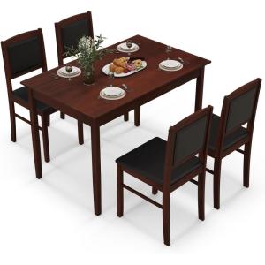 imageGiantex 5Piece Dining Set for 4 Solid Wood Rectangular Table ampamp 4 Chairs wtih Rubber Wood Legs Kitchen Table and Chairs Set for Small Spaces Dinette Dining Room Restaurant Rustic BrownCherry Brown