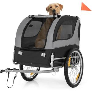 imageGiantex Dog Bike Trailer Pet Stroller Small Medium Dog Bicycle Trailer Carrier Wagon 20quot Large Wheels 3 Doors 2 Windows 8 Reflectors Folding Metal Frame Supports up to 88 lbsGray