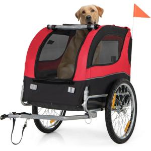 imageGiantex Dog Bike Trailer Pet Stroller Small Medium Dog Bicycle Trailer Carrier Wagon 20quot Large Wheels 3 Doors 2 Windows 8 Reflectors Folding Metal Frame Supports up to 88 lbsRed