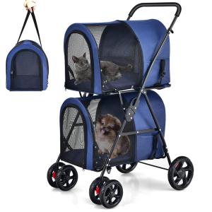 imageGiantex Double Pet Stroller with 2 Detachable Carrier Bags Safety Belt 4 Lockable Wheels Folding Cat ampamp Dog Stroller for Small Medium Pets Cats Dogs Puppy Travel Strolling Cart BeigeNavy
