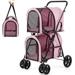 imageGiantex Double Pet Stroller with 2 Detachable Carrier Bags Safety Belt 4 Lockable Wheels Folding Cat ampamp Dog Stroller for Small Medium Pets Cats Dogs Puppy Travel Strolling Cart BeigePink
