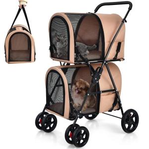 imageGiantex Double Pet Stroller with 2 Detachable Carrier Bags Safety Belt 4 Lockable Wheels Folding Cat ampamp Dog Stroller for Small Medium Pets Cats Dogs Puppy Travel Strolling Cart BeigeBeige